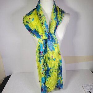 New York & Company Women Floral Yellow & Blue Lightweight Crinkle Scarf